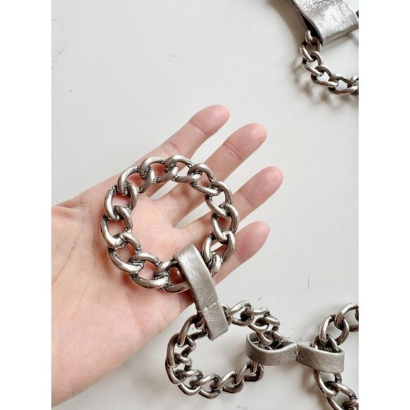 SUZI ROHER Silver Tone Metallic Leather Chain Link Belt, One Size - Picture 5 of 8